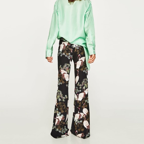 Zara Crane Bird Print Wide Leg Trousers Pants - Picture 5 of 7